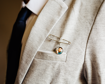 Silver Custom Photo Boutonniere Brooch Lapel Pin